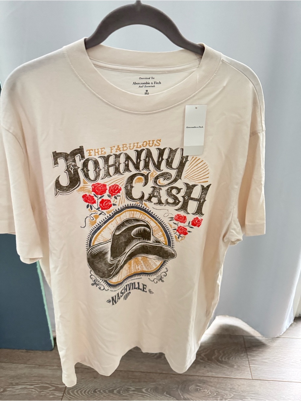 Abercrombie & Fitch Cream Johnny Cash Graphic Tee with Red Rose Details